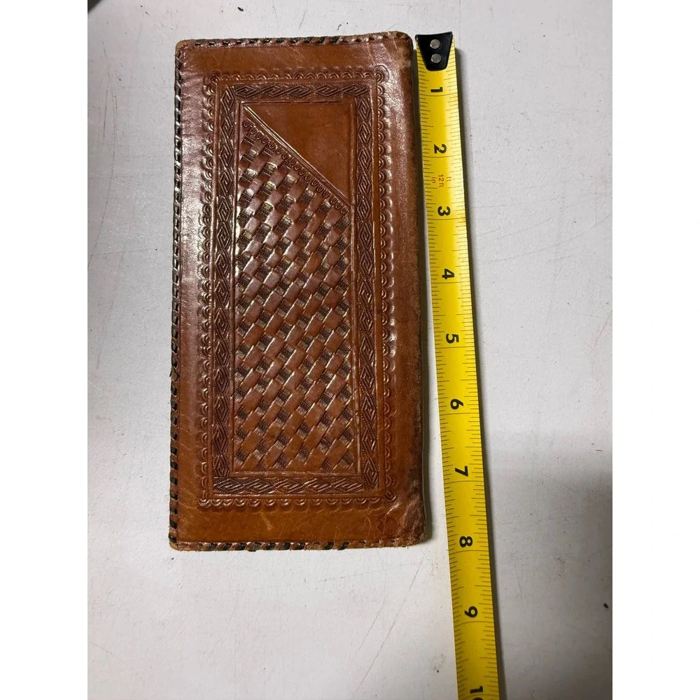 Vintage Hand Tooled Leather Mexico Wallet Aztec Calendar Basketweave Bifold Tan
